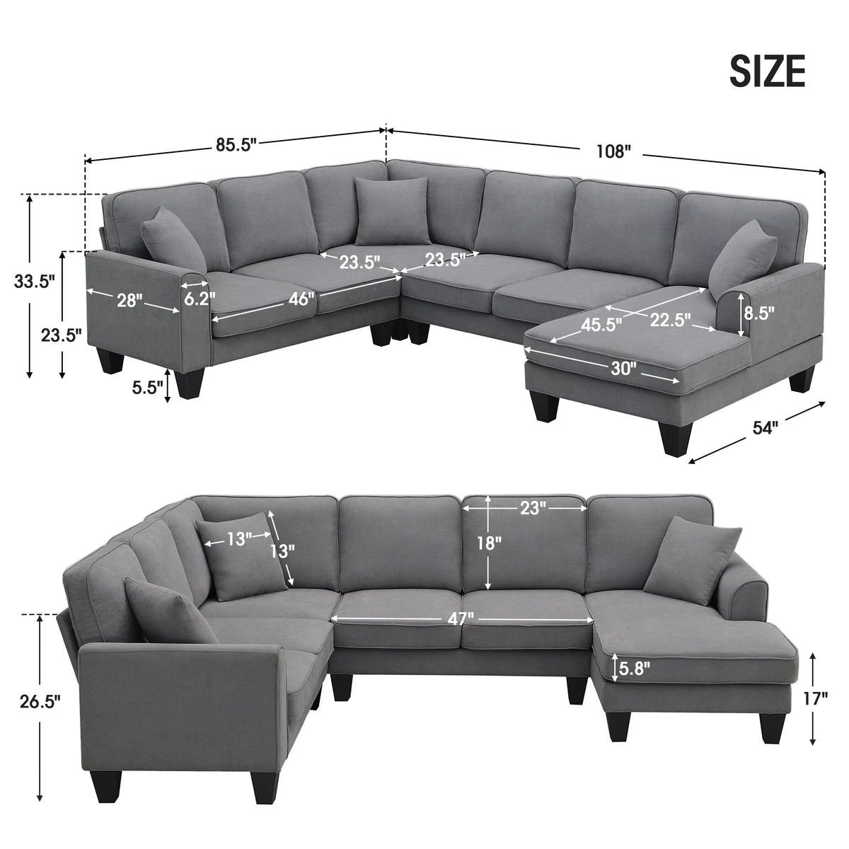 Dark Gray 7 Seat U Shape Sectional Sofa with 3 Pillows E75906