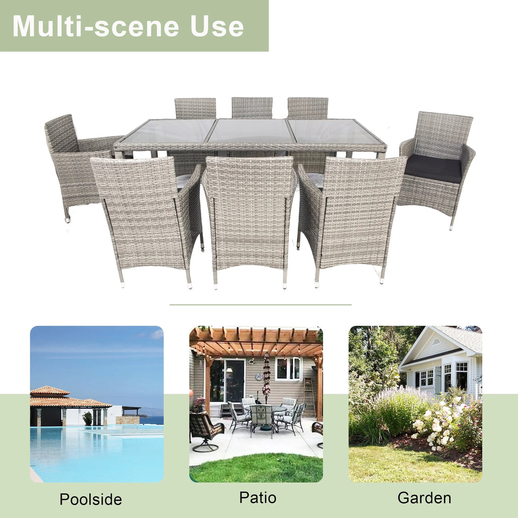 9 Pieces Wicker Outdoor Dining Set with Glass Tabletop and Cushioned Chairs I92990