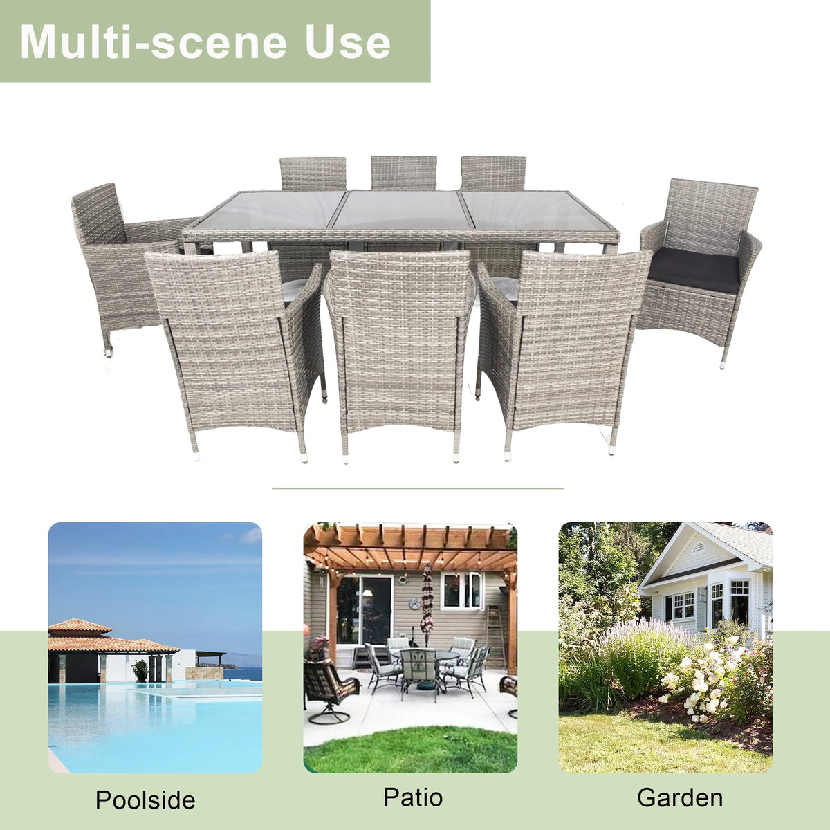 9 Pieces Wicker Outdoor Dining Set with Glass Tabletop and Cushioned Chairs I92990