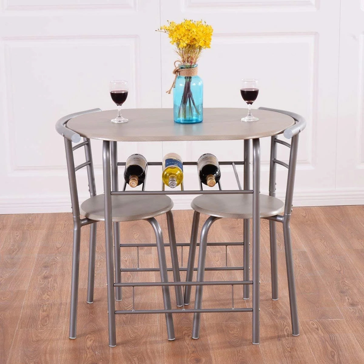 3 Piece Dining Table & Chair Set with Wine Rack Storage Shelf P9625