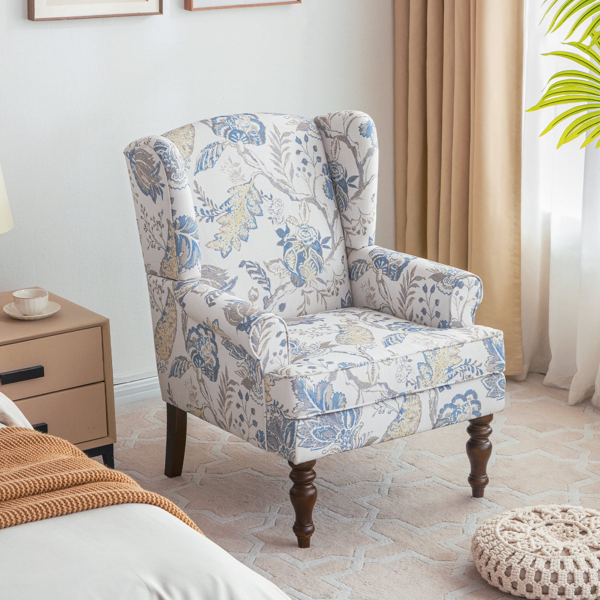 Blue Floral Pattern Fabric Wingback Accent Chair with Wooden Legs L997503