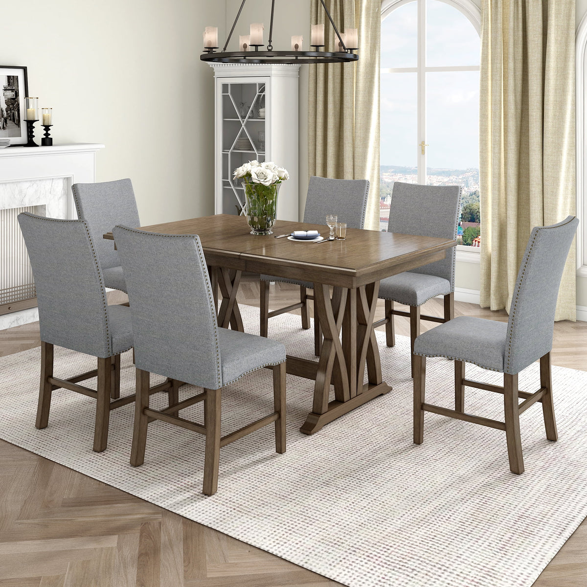 Solid Wood 7-Piece Extendable Dining Table Set with Upholstered Chairs G1563