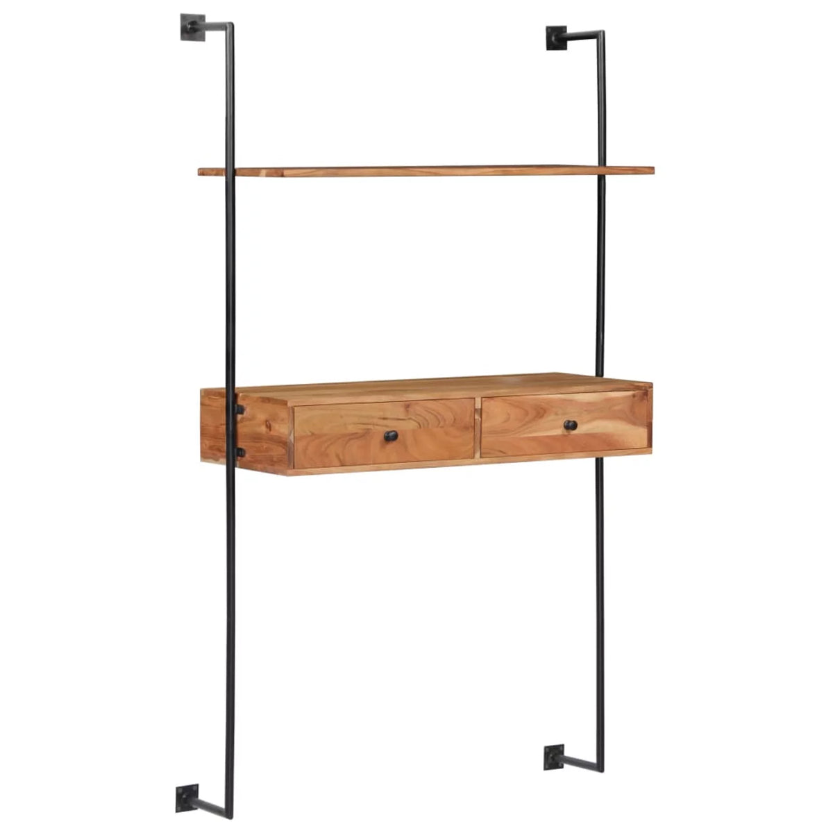 Wall Computer Desk with Storage Drawers and Book Shelf Acacia Wood Iron Frame A547