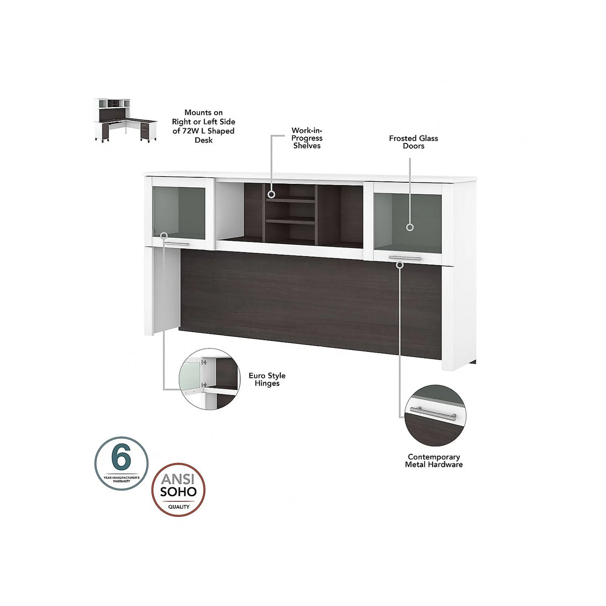 White/Gray Engineered Wood Sit to Stand L Desk Set with Bookcase B797226