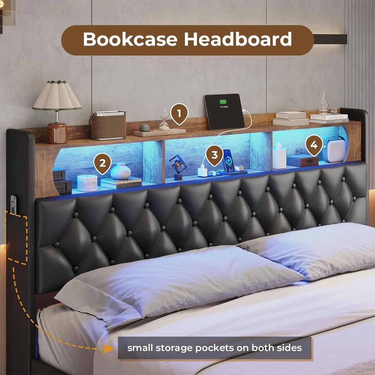 Queen Size Upholstered Platform Bed with LED Light Charging Station Storage Headboard Linen Fabric Dark Grey C6031