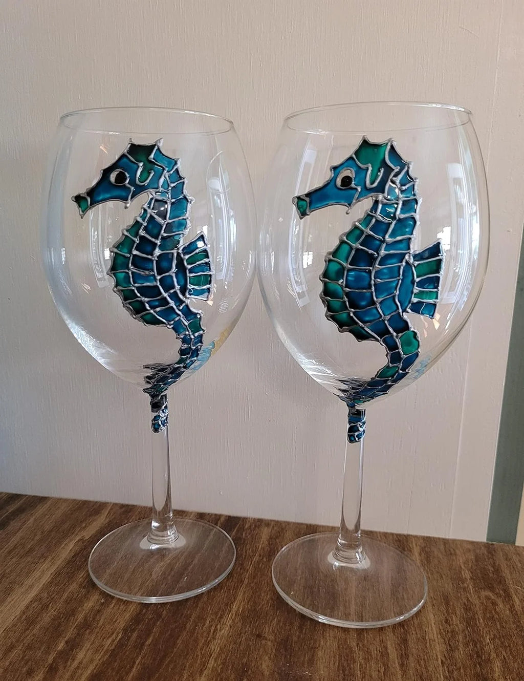 Blue Green Hand Painted Wine Glasses Set Of 2 T934