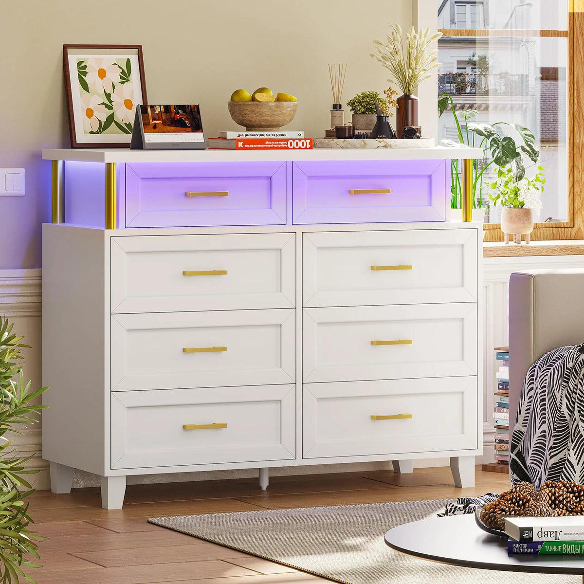 White 8 Drawer Dresser with LED Light A7294