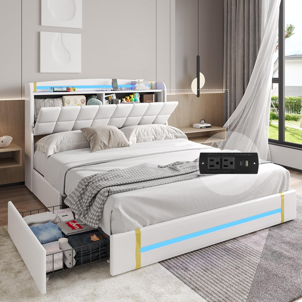 Queen Bed Frame with LED Lights and Charging Station, Upholstered Platform Bed Frame with Hidden Storage and 4 Drawers, Black T81312