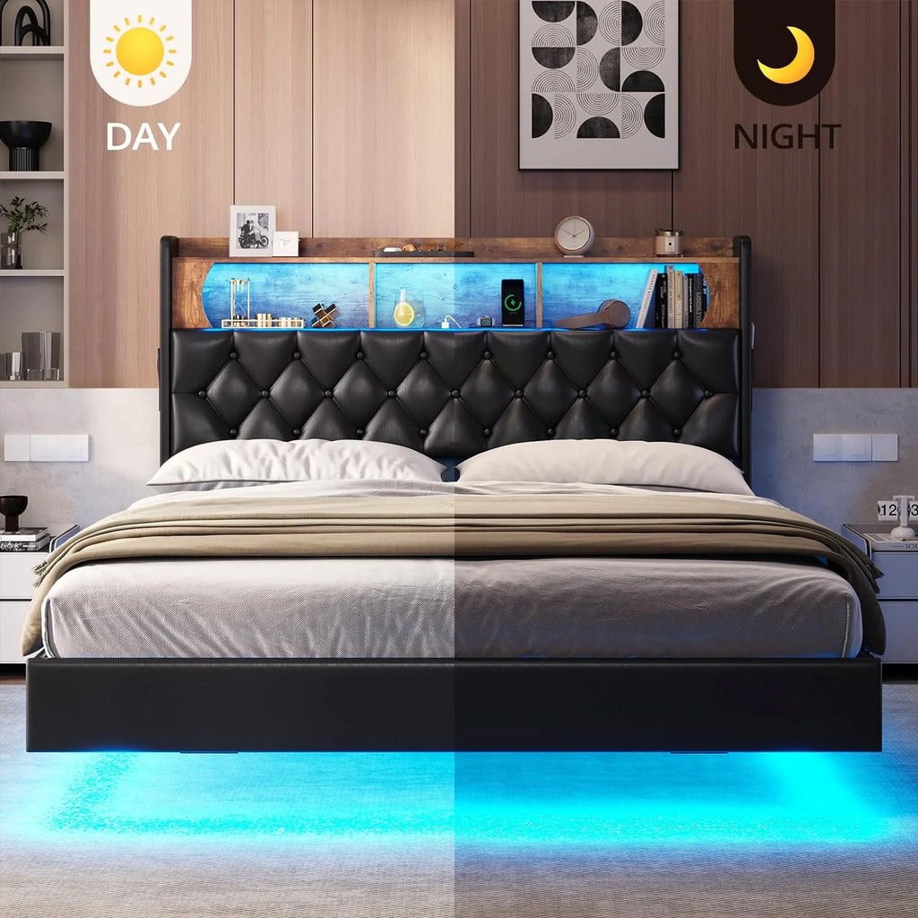 Queen Size Upholstered Platform Bed with LED Light Charging Station Storage Headboard Linen Fabric Dark Grey C6031