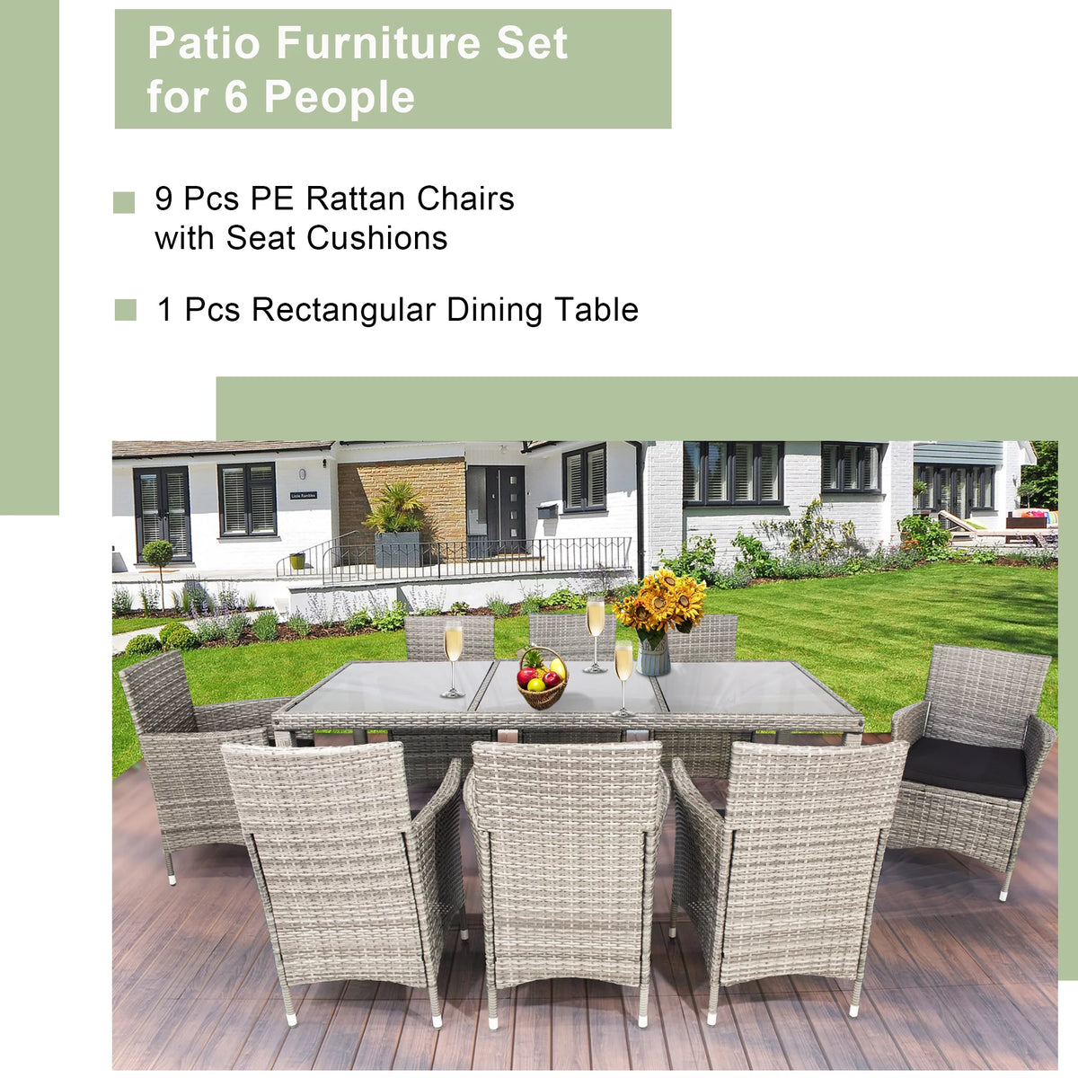 9 Pieces Wicker Outdoor Dining Set with Glass Tabletop and Cushioned Chairs I92990