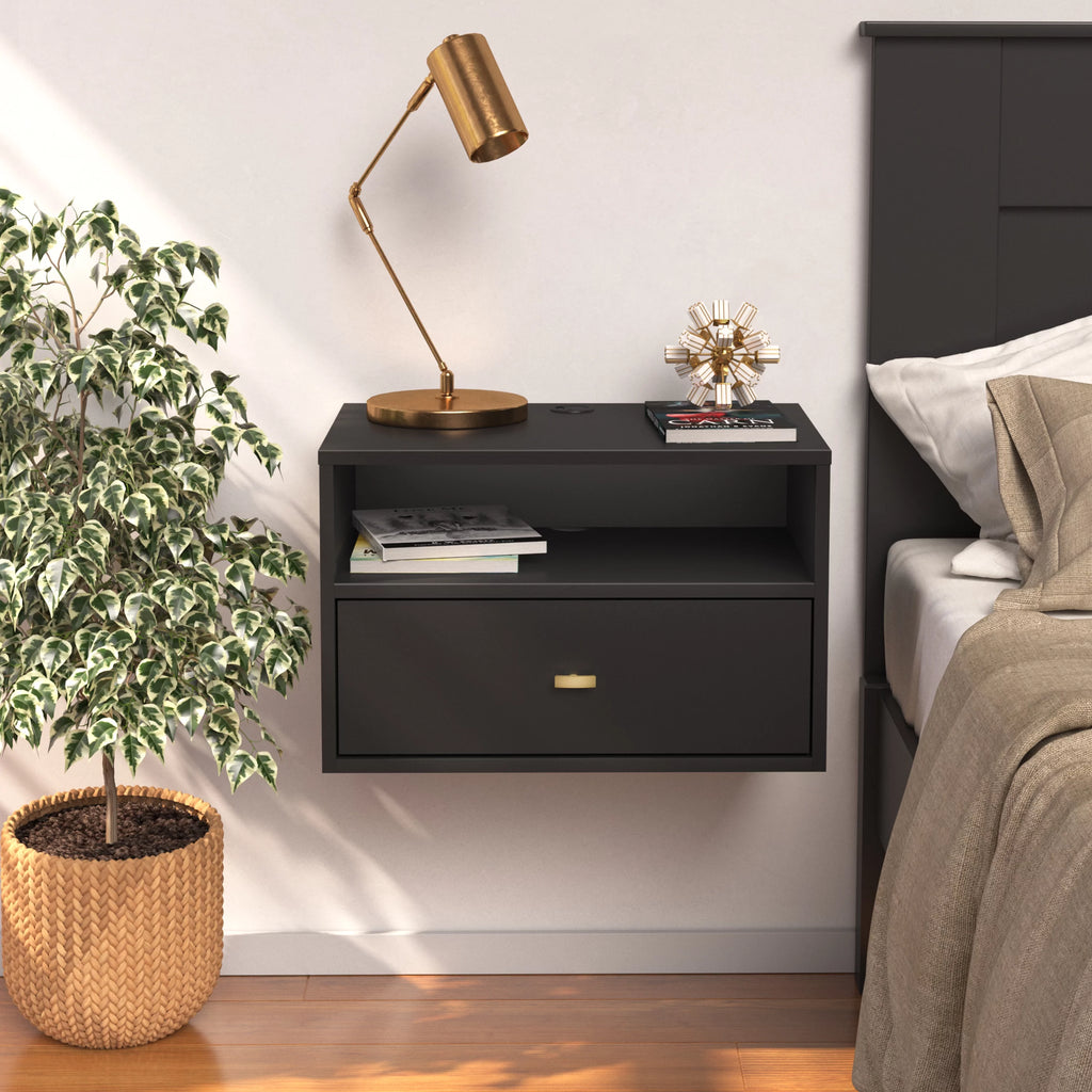 Black Floating Nightstand With Open Shelf P140165