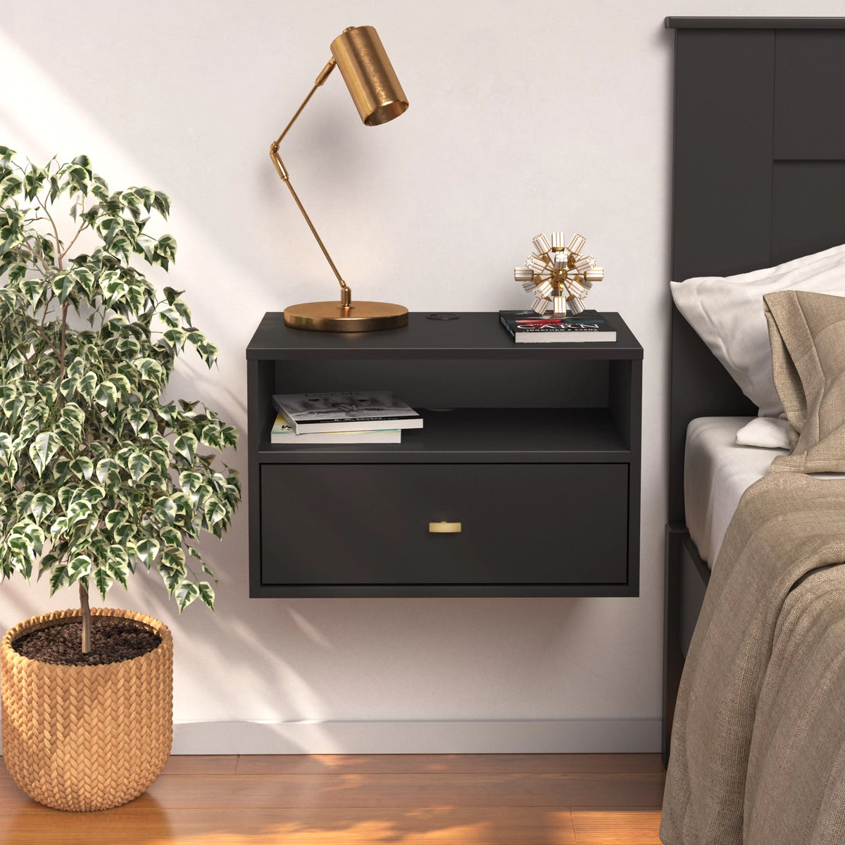 Black Floating Nightstand With Open Shelf P140165