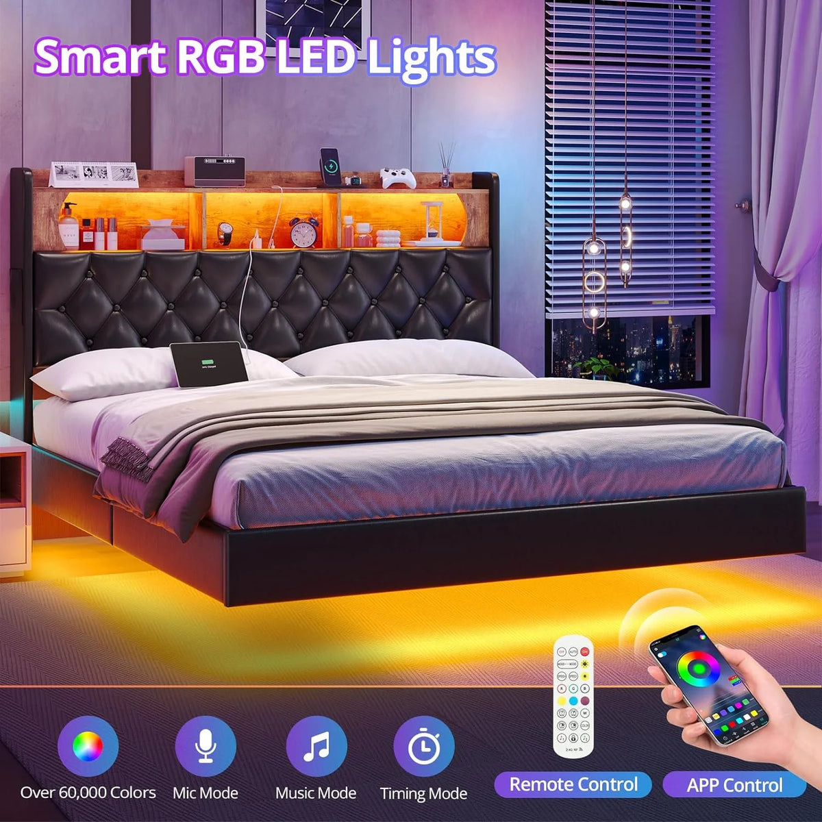 Queen Size Upholstered Platform Bed with LED Light Charging Station Storage Headboard Linen Fabric Dark Grey C6031