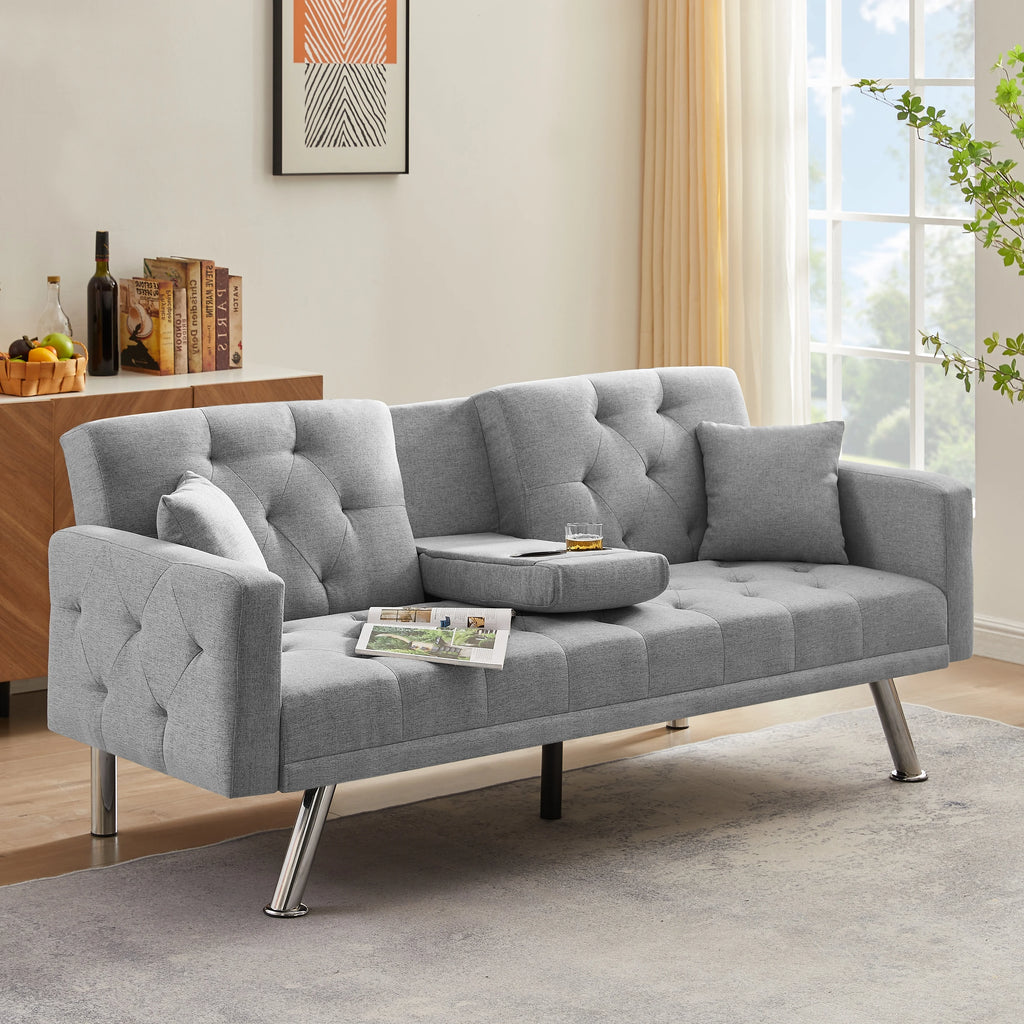 76 Inch Green Linen Convertible Futon Sofa Bed with Cup Holders E85801